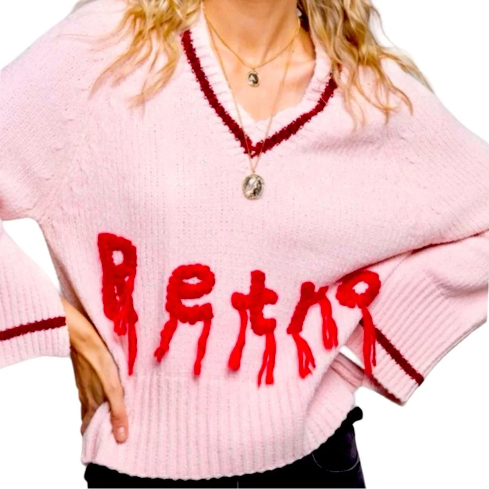 POL ‘Retro’ Fringe V Neck Sweater Women Color Pink Size L
